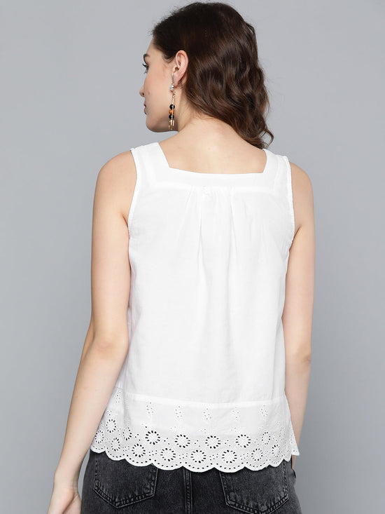 White Square Neck Schiffli Blouse