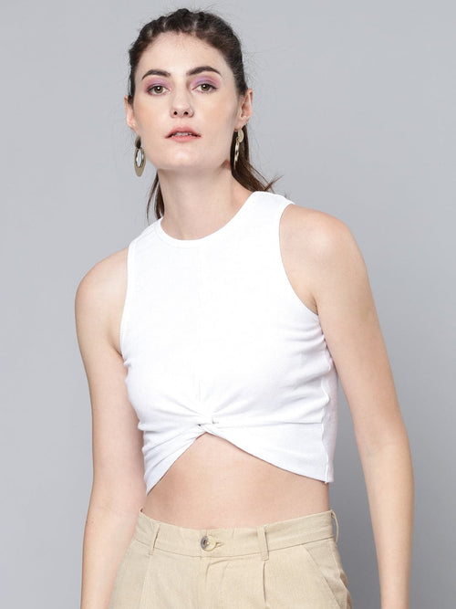 White Front Knot Rib Crop Top