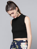 Black High Neck Sleeveless Rib Crop Top