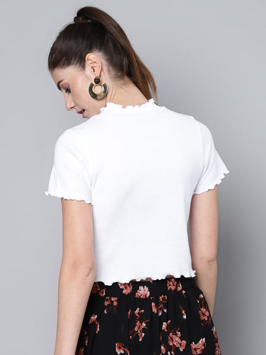 White High Neck Lettuce-Edge Rib Top