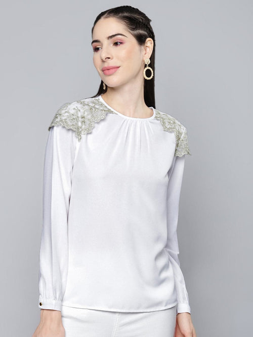 White Shoulder Lace Patch Top