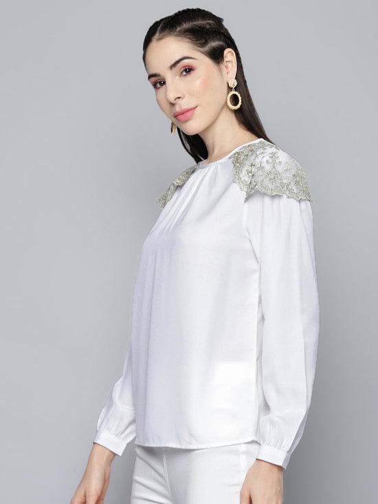 White Shoulder Lace Patch Top