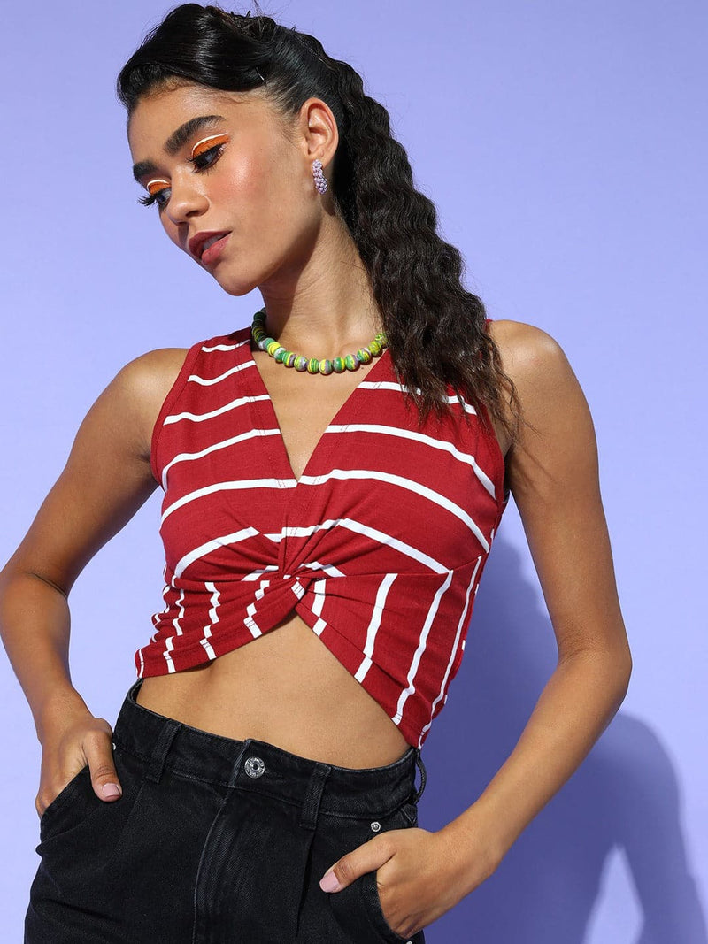 Women Maroon Stripes Twisted Crop Top