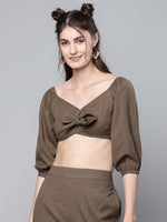 Brown Cotton Linen Tie-Up Crop Top