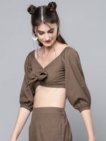 Brown Cotton Linen Tie-Up Crop Top