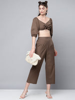 Brown Cotton Linen Tie-Up Crop Top