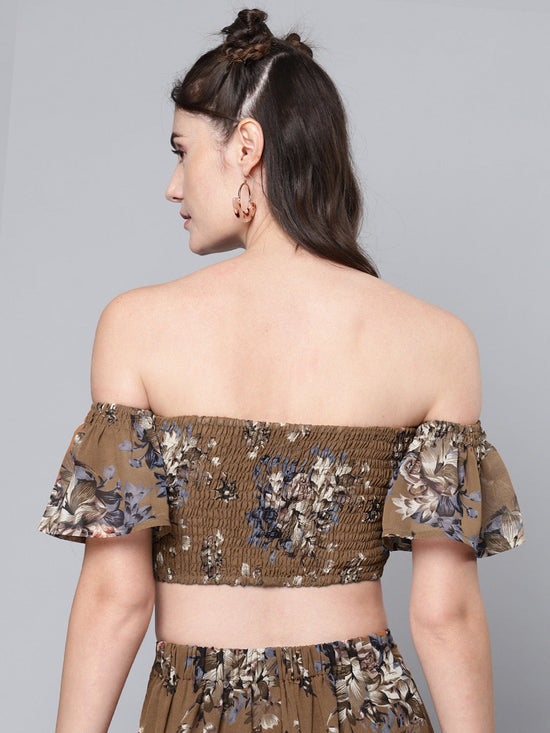 Brown Floral Bardot Crop Top