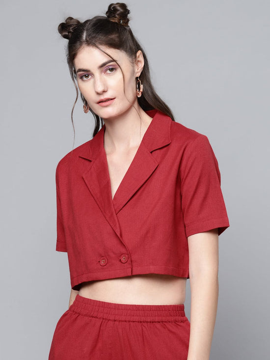 Maroon Cotton Linen Crop Blazer Top