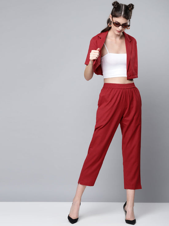 Maroon Cotton Linen Crop Blazer Top