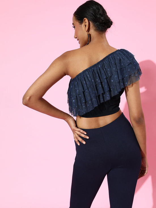 Navy Blue One Shoulder Mesh Net Frilly Top