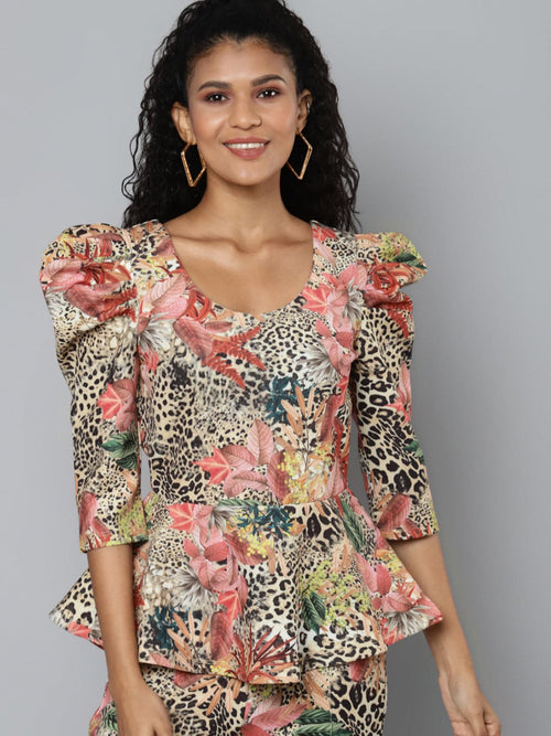 Beige Scuba Cheetah Floral Peplum Top