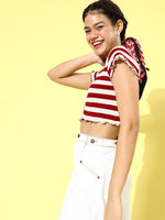 Red & White Stripe V-Neck Rib Crop Top