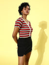 Red Multi Stripe Front Button Rib Crop Top