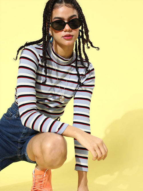 Blue & White Stripe Sleeveless Rib Crop Top