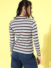 Blue Multi Stripe High Neck Full Sleeve Rib Top