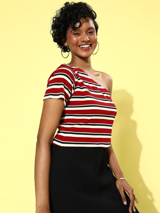 Red Multi Stripe One Shoulder Rib Top