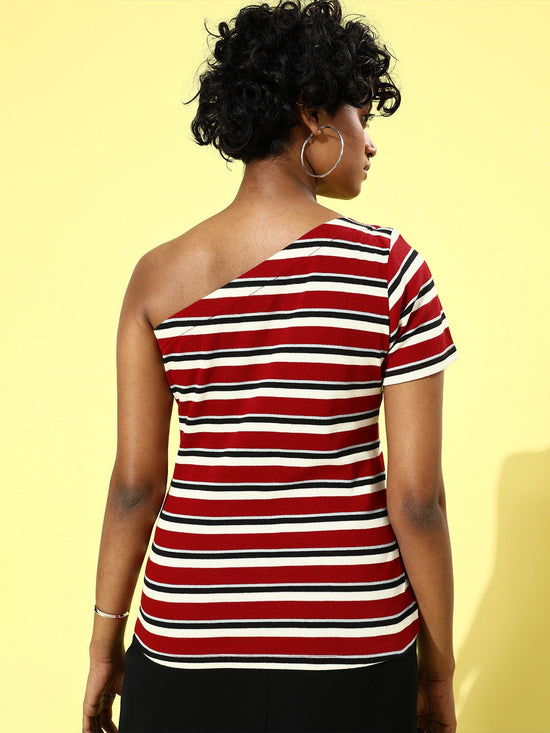 Red Multi Stripe One Shoulder Rib Top