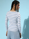 Blue & White Stripe V-Neck Rib T-Shirt