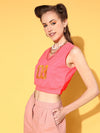 Women Neon Pink V Neck Crop Vest