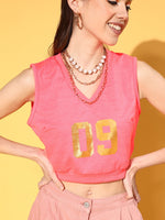 Women Neon Pink V Neck Crop Vest