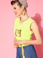 Women Neon Green V Neck Crop Vest