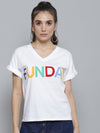 White FUNDAY Print V Neck T-Shirt