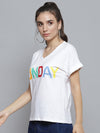 White FUNDAY Print V Neck T-Shirt