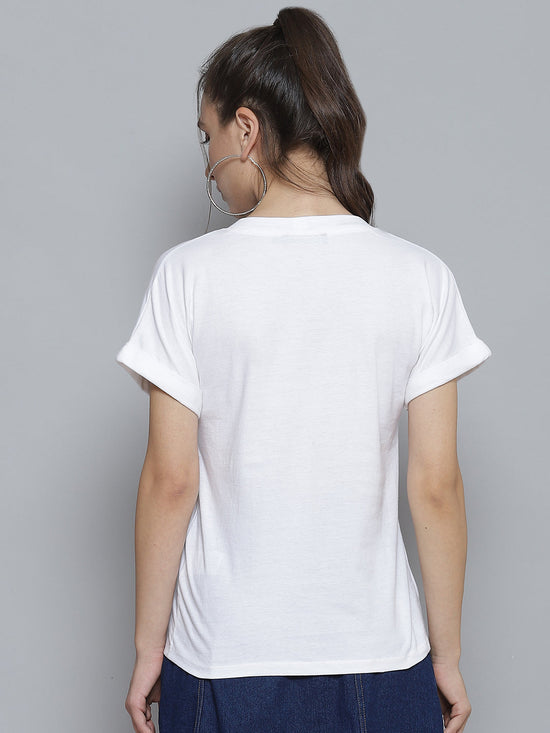 White FUNDAY Print V Neck T-Shirt