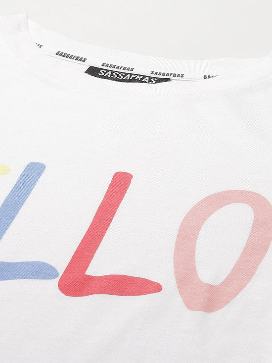 White HELLO Print Full Sleeve T-Shirt