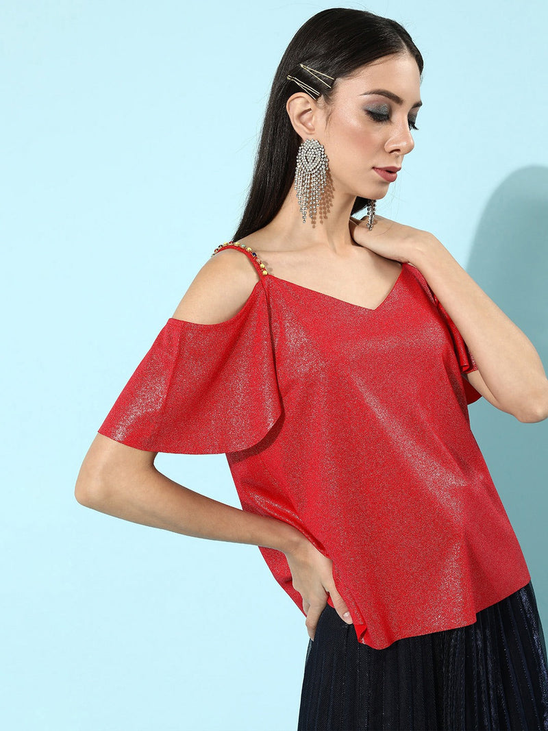Red Metallic Cold Shoulder Strappy Top