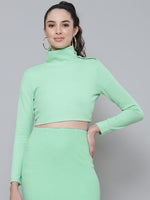 Mint Green Rib Turtle Buttoned Neck Crop Top