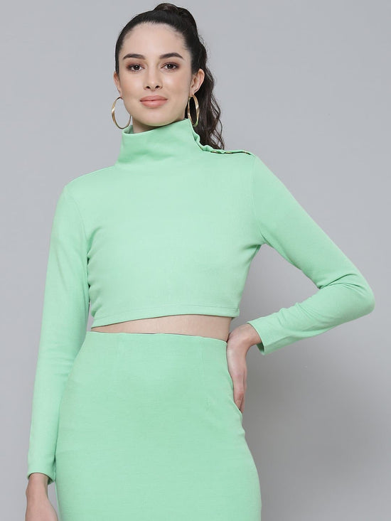 Mint Green Rib Turtle Buttoned Neck Crop Top