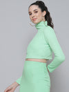 Mint Green Rib Turtle Buttoned Neck Crop Top