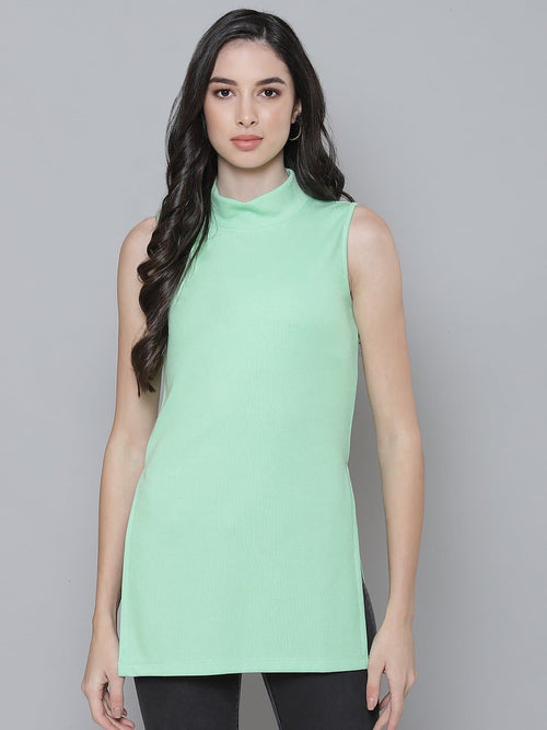 Mint Green Rib Side Slits Turtle Neck Long Top