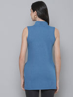 Blue Rib Side Slits Turtle Neck Long Top