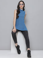 Blue Rib Side Slits Turtle Neck Long Top