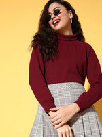 Women Maroon Rib Turtle Neck Raglan Sweat Top