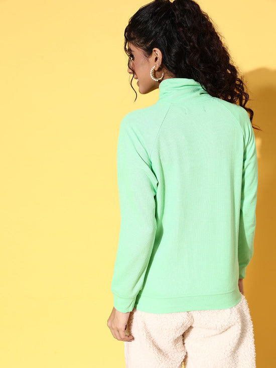 Women Mint Green Rib Turtle Neck Raglan Sweat Top