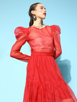 Red Organza Power Shoulder Sheer Crop Top