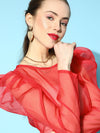 Red Organza Power Shoulder Sheer Crop Top