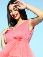 Women Pink Tulle V-Neck Belted Peplum Top