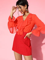 Red Cascading Ruffle Solid Blouse