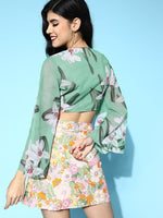 Green Floral Front Tie-Up Crop Top