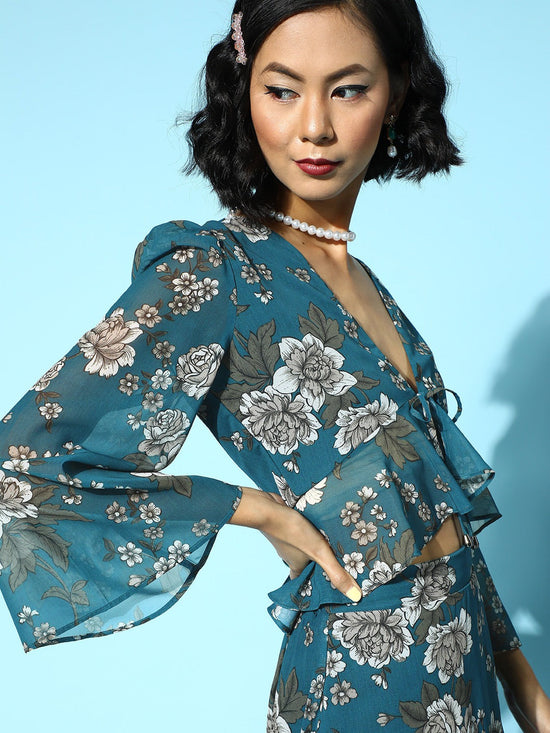 Teal Blue Floral Bell Sleeve Peplum Crop Top