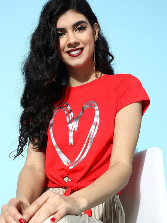 Red With Sliver Heart Foil Tie-Knot Crop T-Shirt