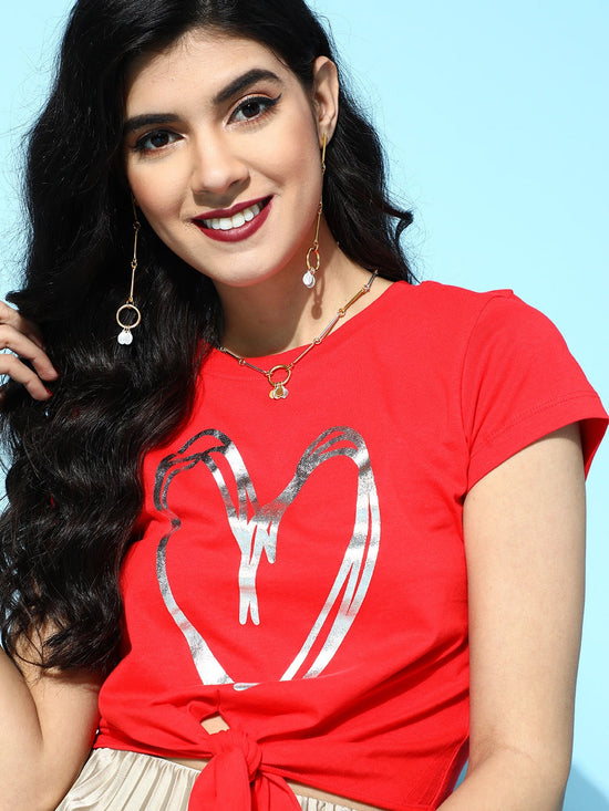 Red With Sliver Heart Foil Tie-Knot Crop T-Shirt