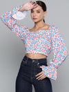Women White Ditsy Floral Victorian Sleeve Crop Top