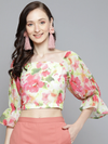 Women White & Pink Floral Square Neck Crop Top