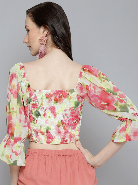 Women White & Pink Floral Square Neck Crop Top