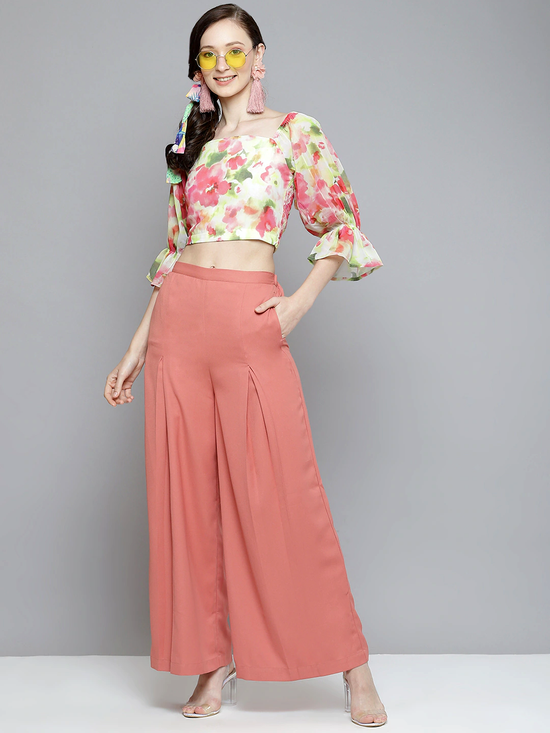 Women White & Pink Floral Square Neck Crop Top